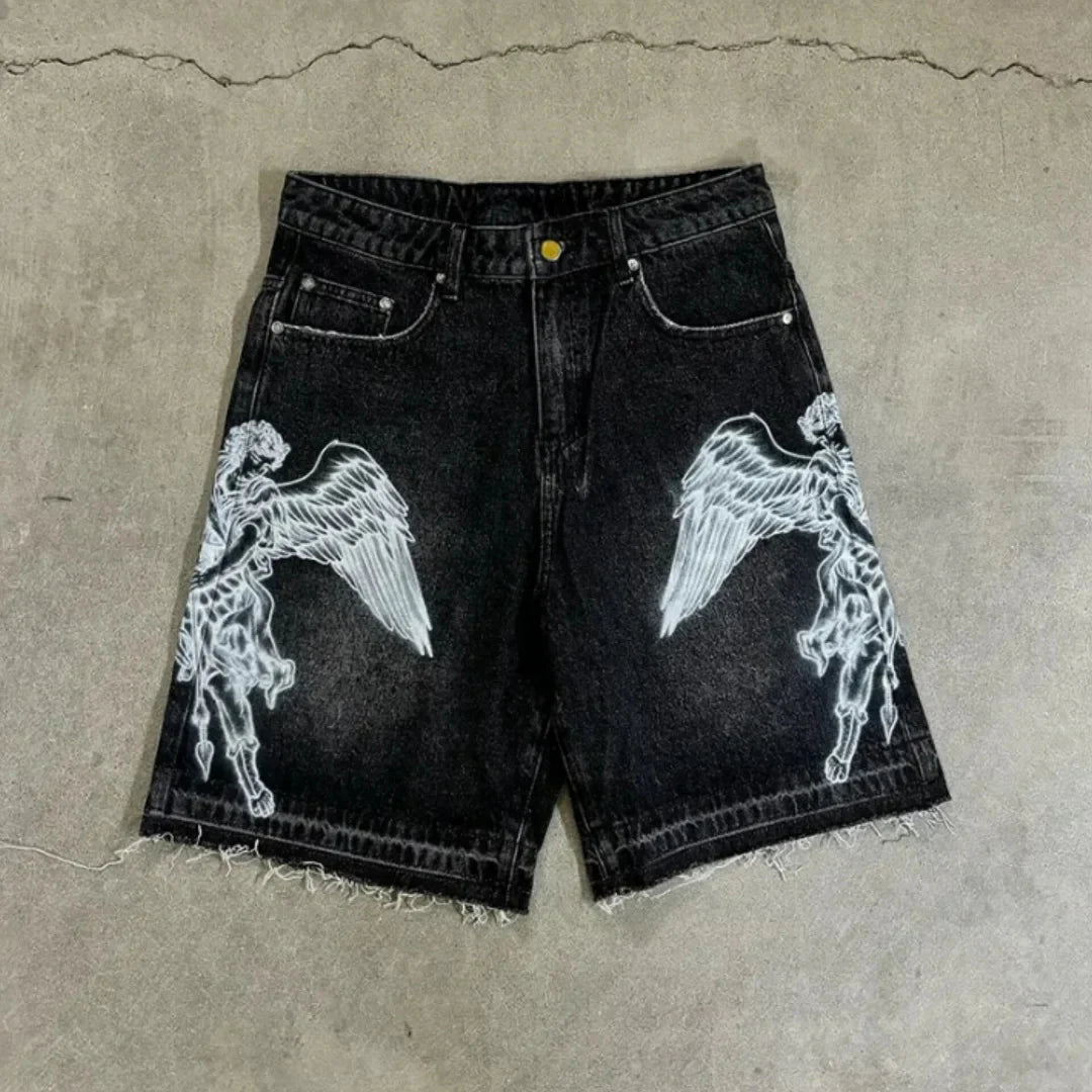 Pantalón Corto Vaquero Estampado Retro Hombre | Fit Holgado