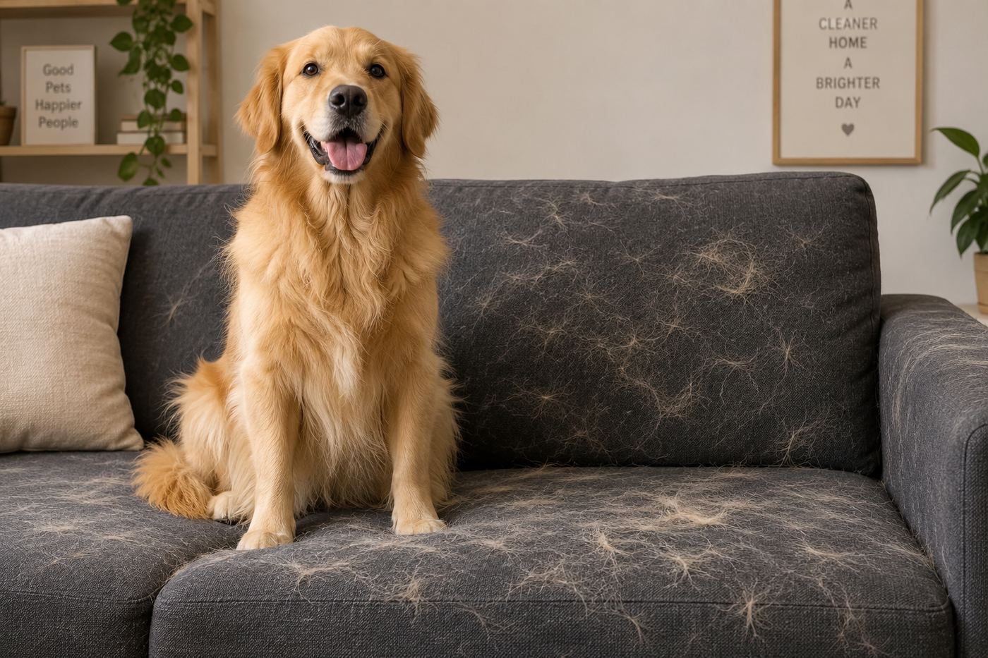 Sofá lleno de pelo de perro, antes de usar PAWLUME