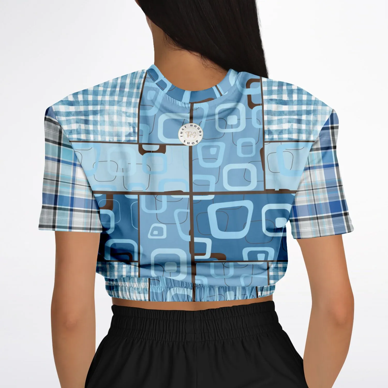 Blue Geo Plaid SW Short Sleeve Cropped Sweater