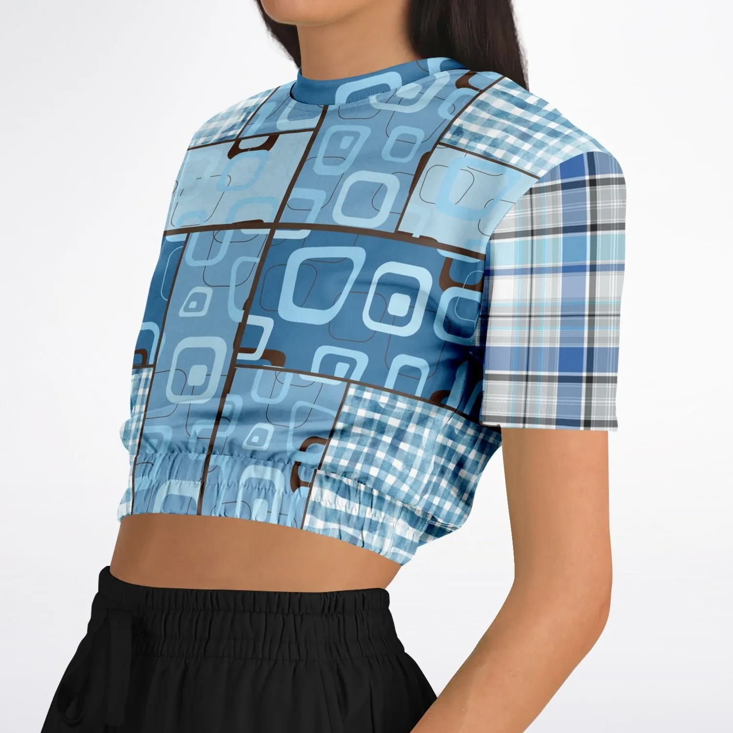 Blue Geo Plaid SW Short Sleeve Cropped Sweater