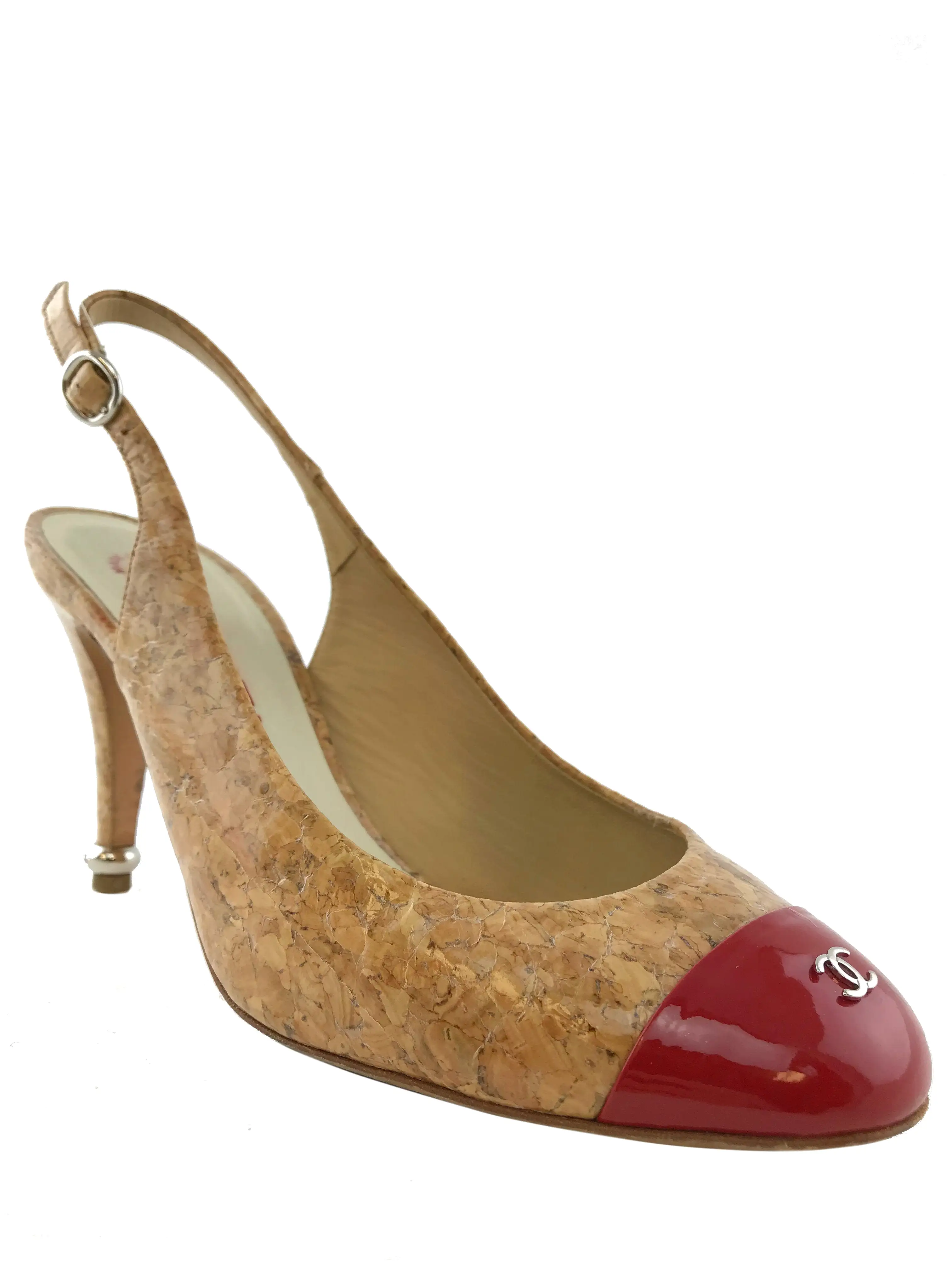 Chanel Glazed Cork CC Cap Toe Slingback Pump Size 6.5