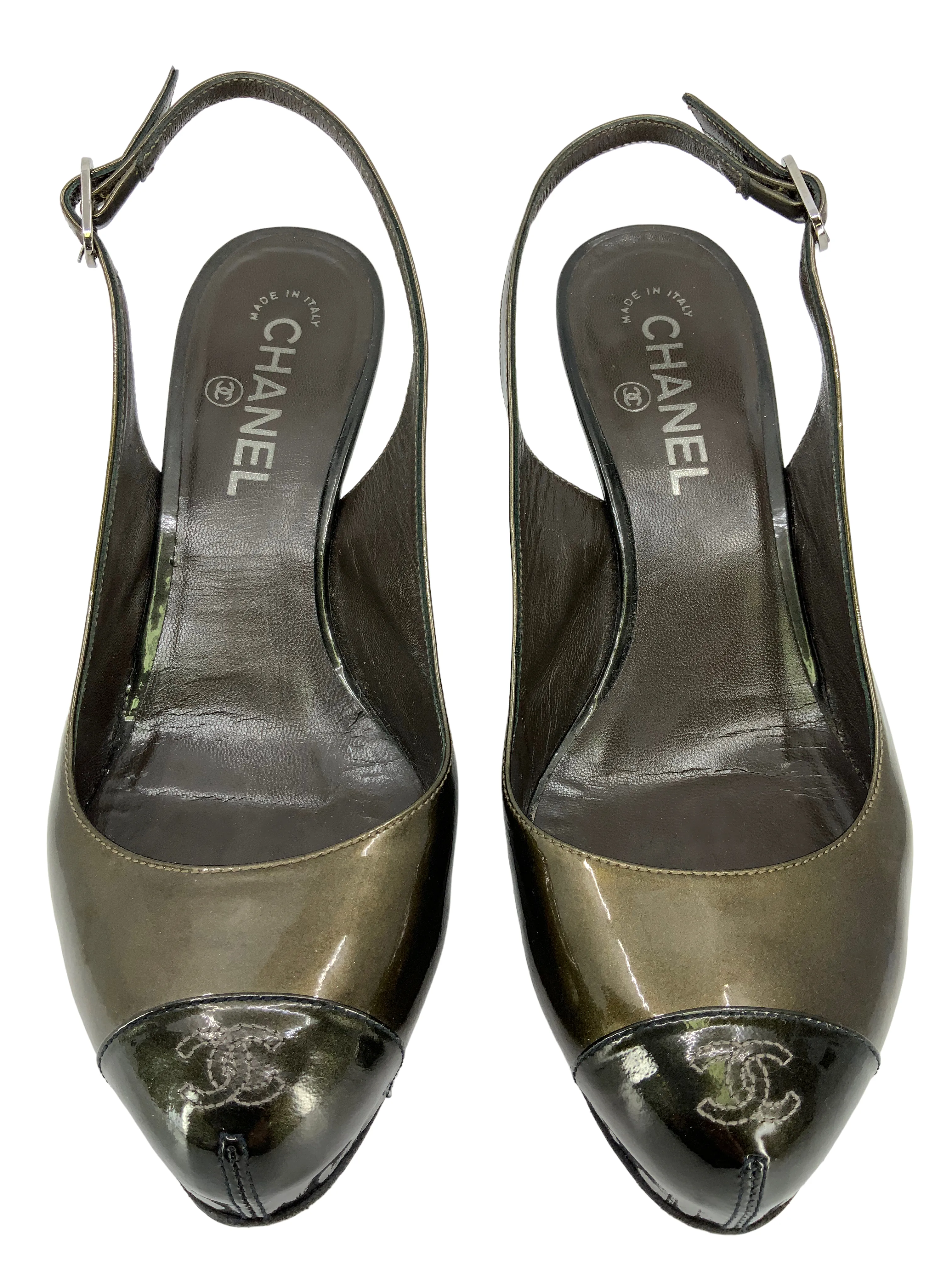 Chanel Patent Leather CC Logo Cap Toe Slingback Pumps Size 9