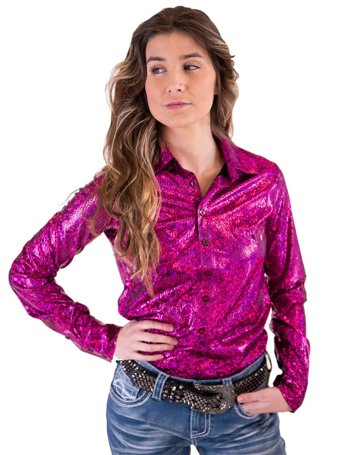 Cowgirl Tuff Womens Metallic Pullover Hot Pink Polyester L/S Shirt