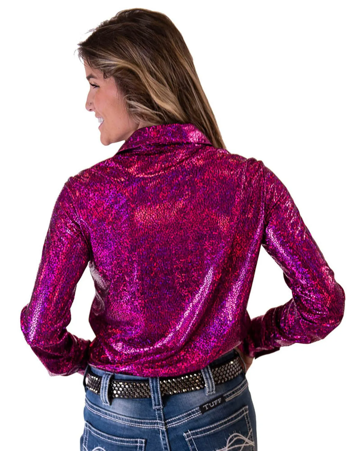 Cowgirl Tuff Womens Metallic Pullover Hot Pink Polyester L/S Shirt