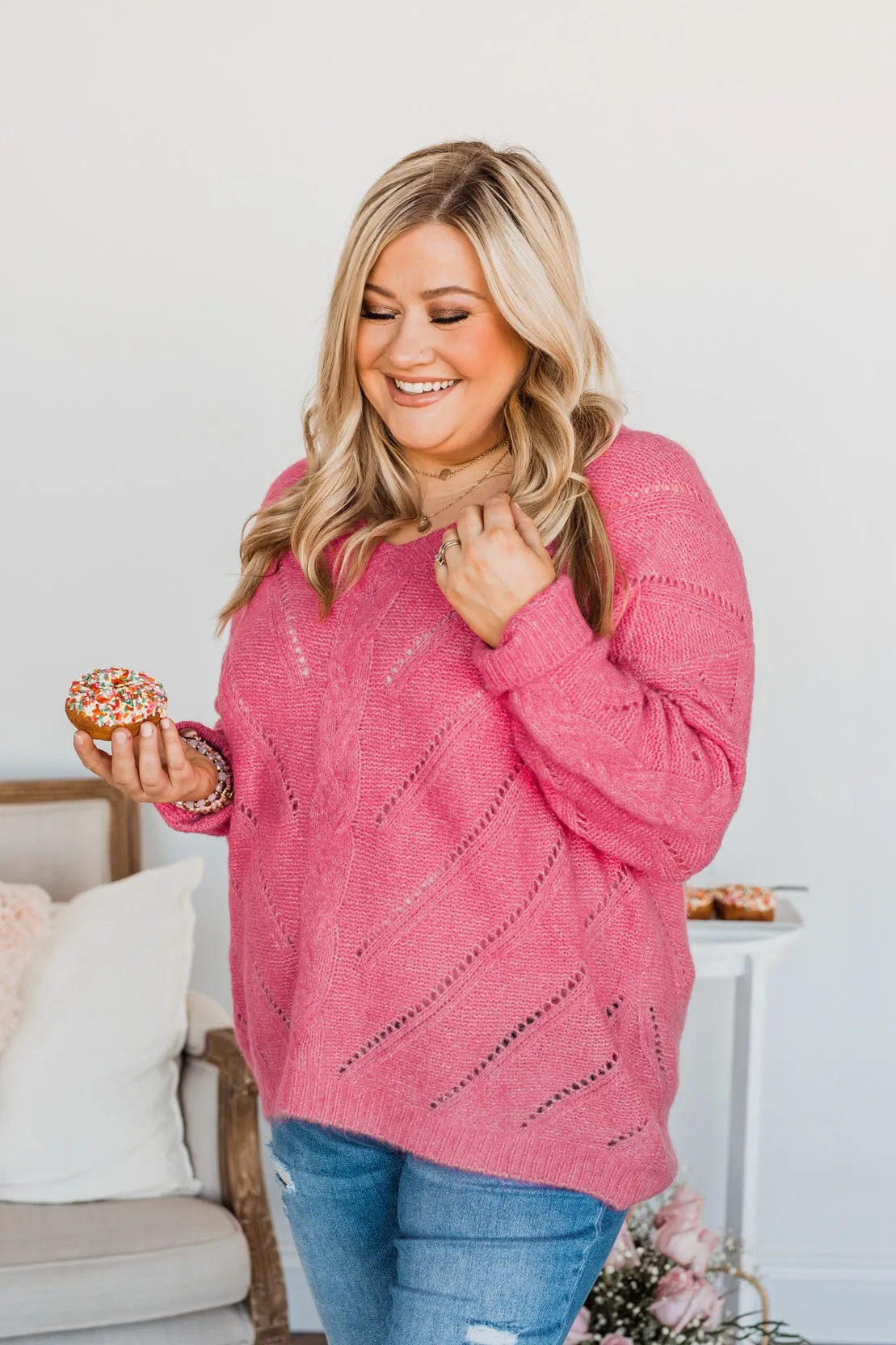 Dance Into The Night Pointelle Sweater- Bright Pink