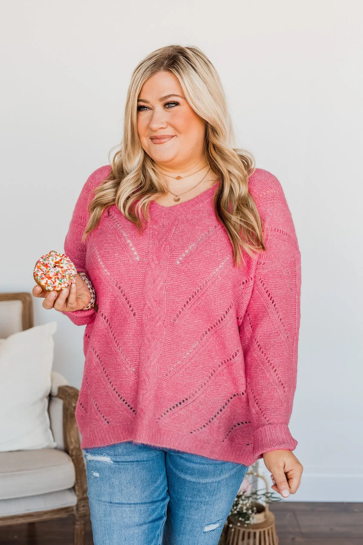 Dance Into The Night Pointelle Sweater- Bright Pink