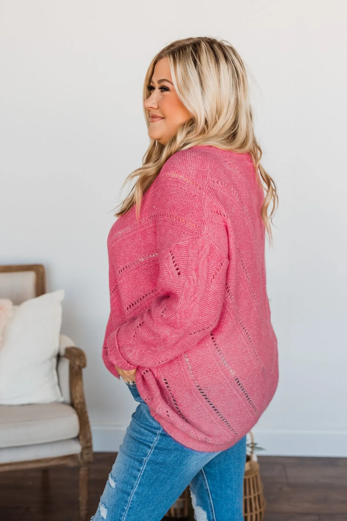 Dance Into The Night Pointelle Sweater- Bright Pink