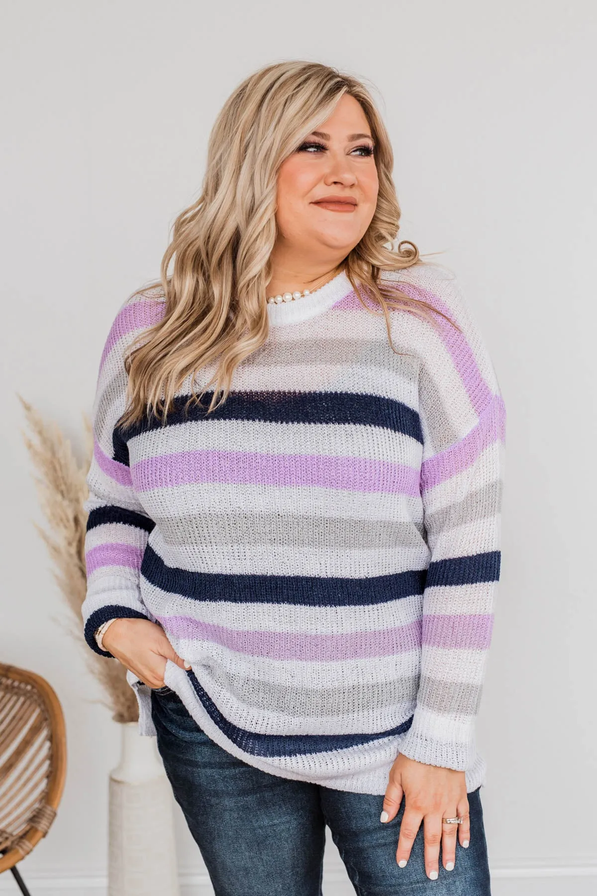 Done For The Day Striped Sweater- Lavender & Gray