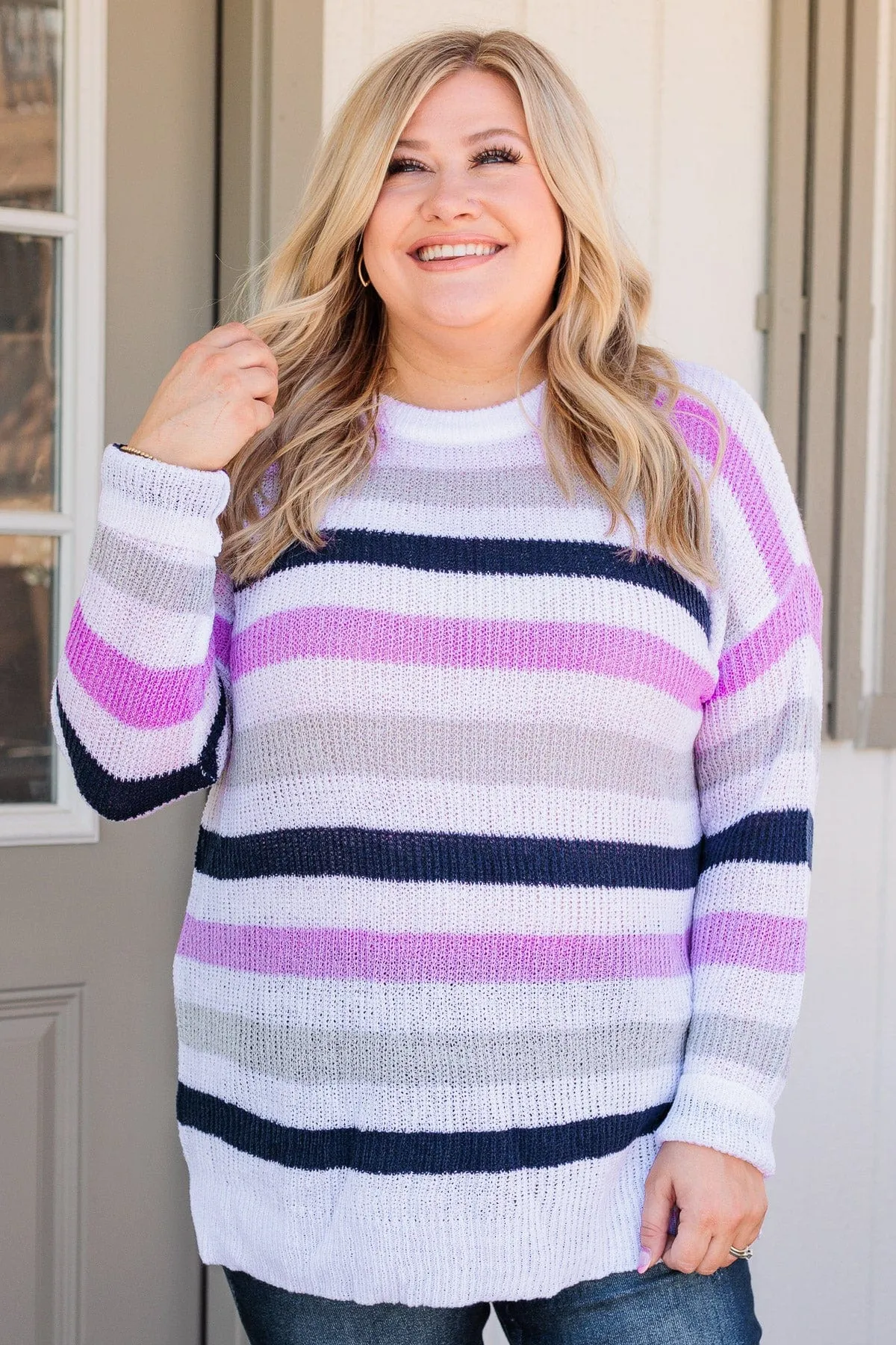 Done For The Day Striped Sweater- Lavender & Gray