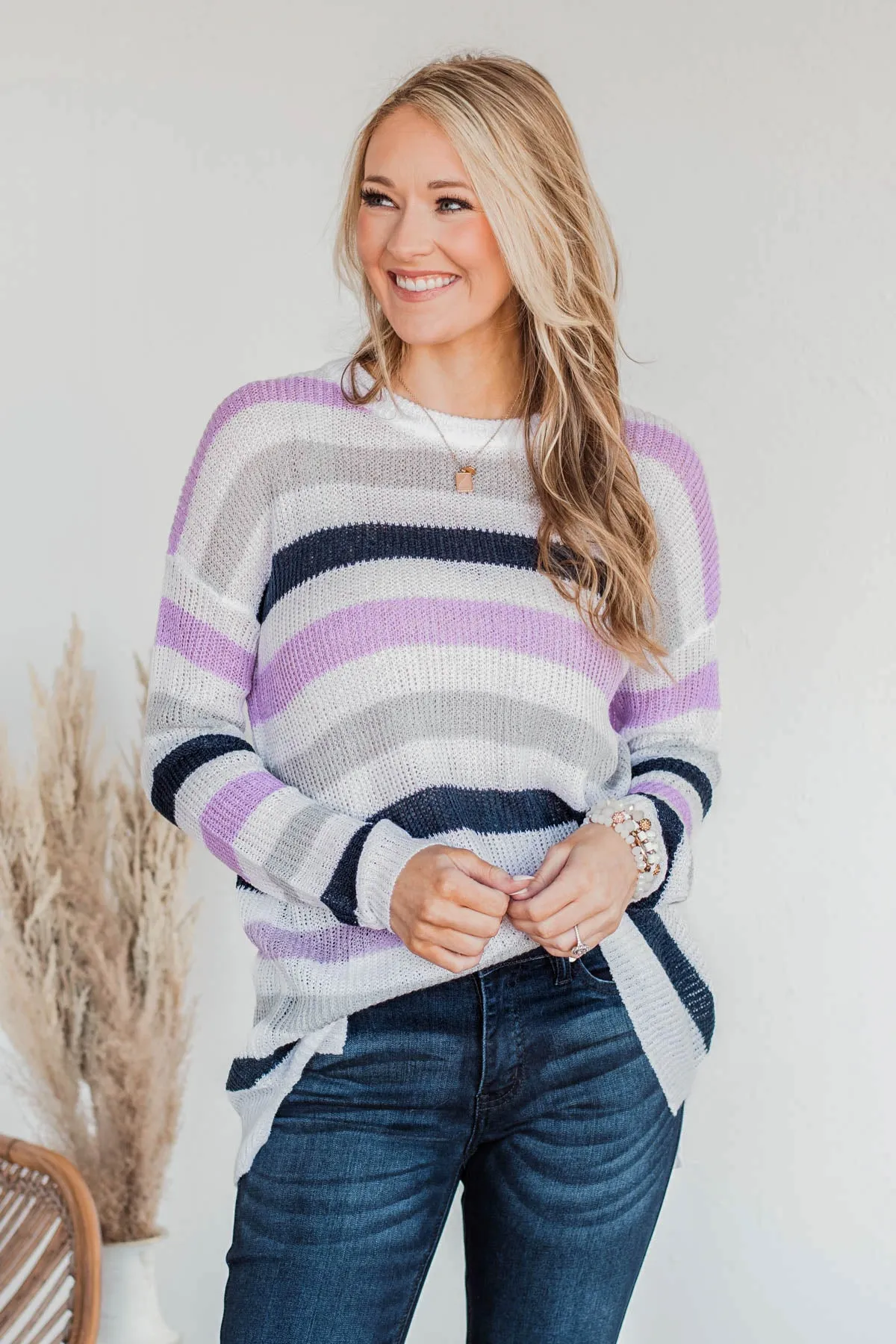 Done For The Day Striped Sweater- Lavender & Gray