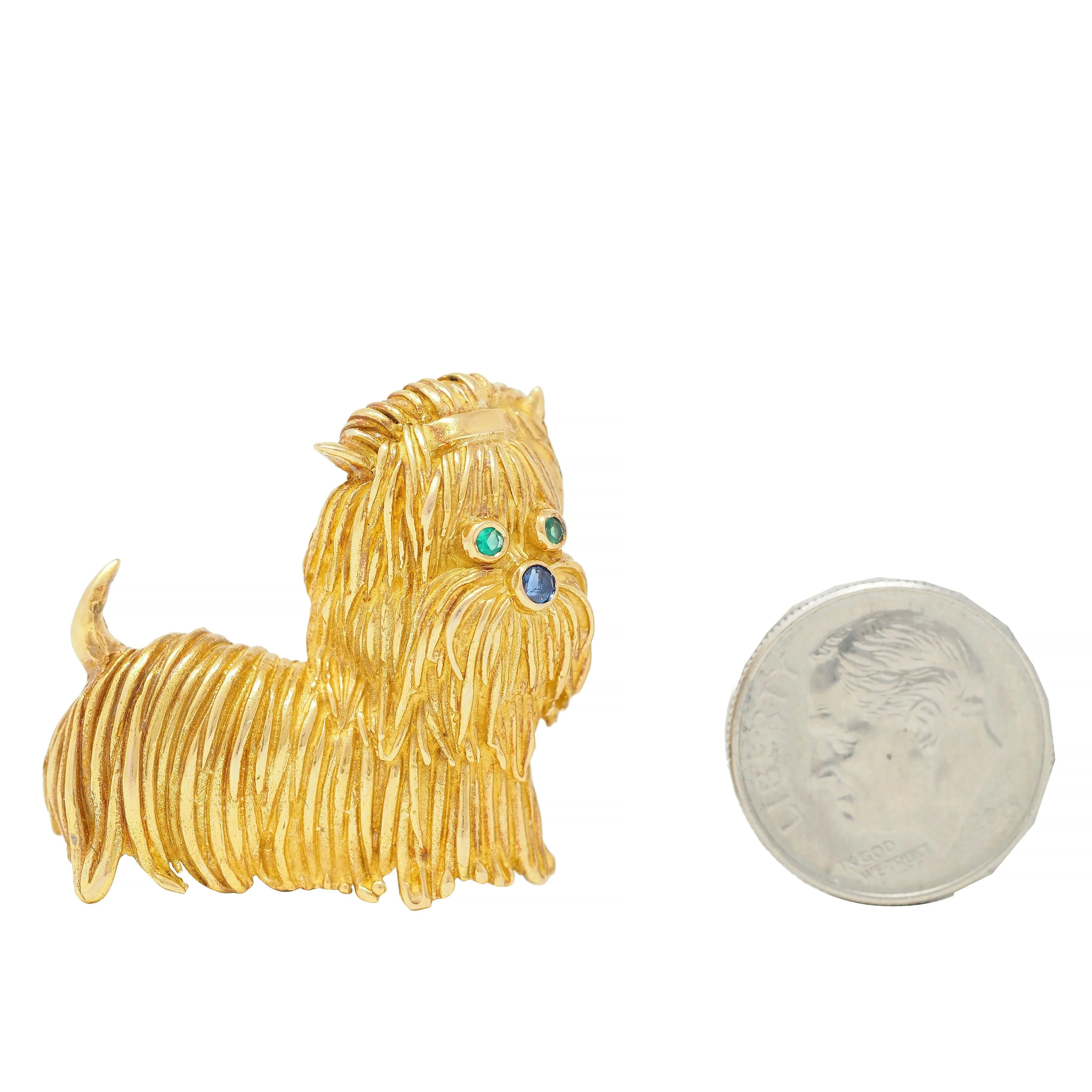 French 1960's Emerald Sapphire 18 Karat Yellow Gold Maltese Dog Vintage Brooch