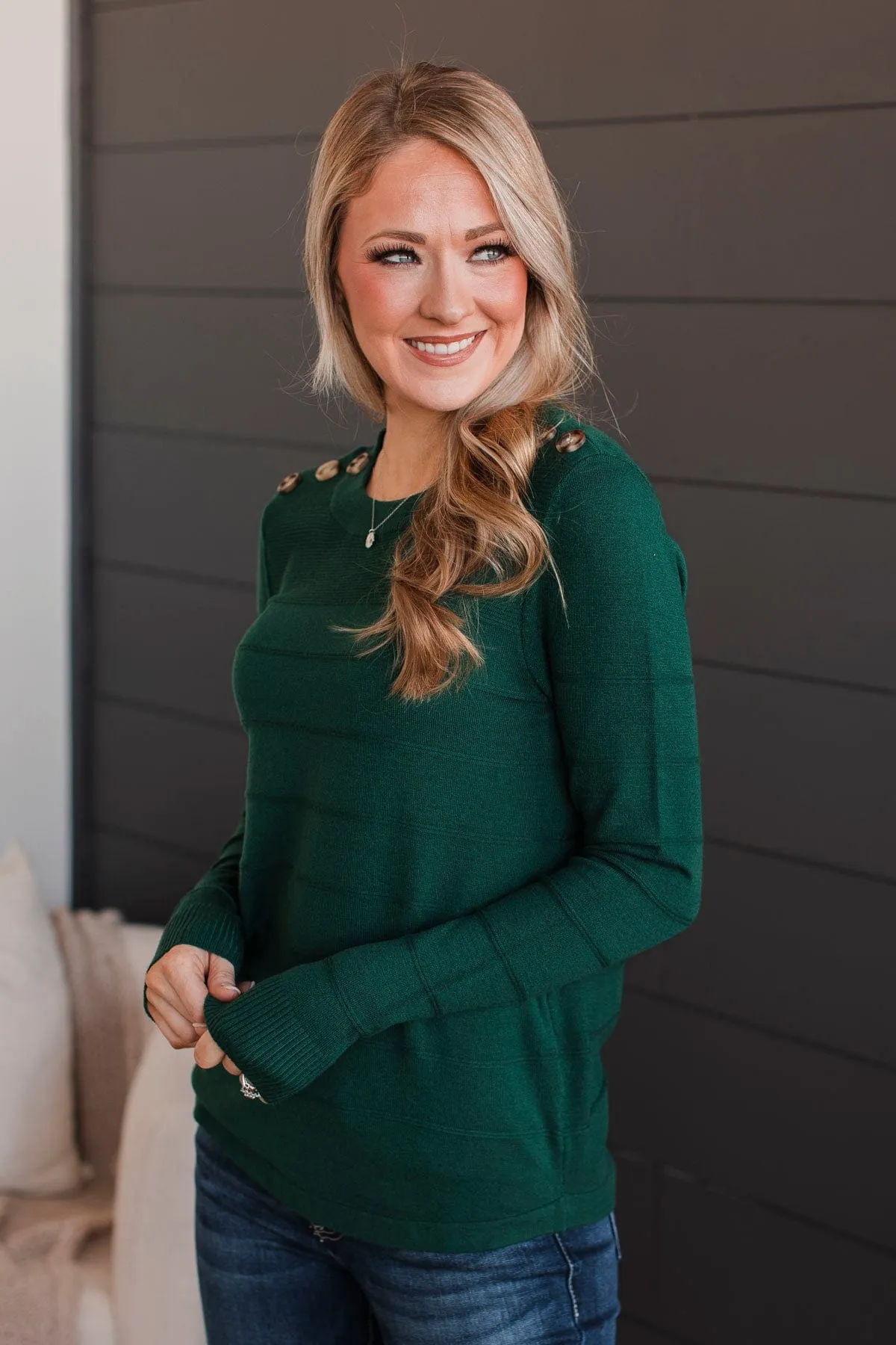 From The Heart Button Knit Sweater- Forest Green