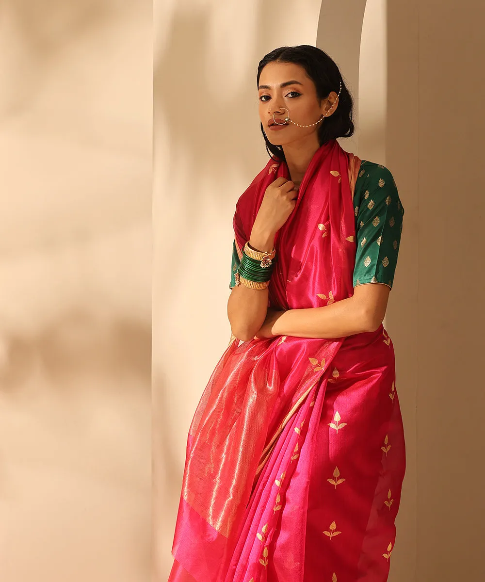 Handloom Hot Pink Pure Chanderi Silk Saree With All Over Three Leaf Golden Booti