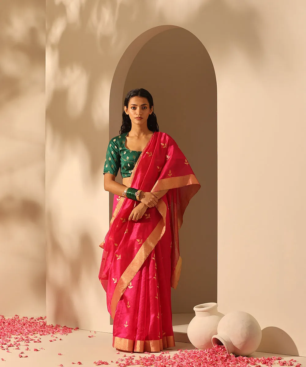 Handloom Hot Pink Pure Chanderi Silk Saree With All Over Three Leaf Golden Booti