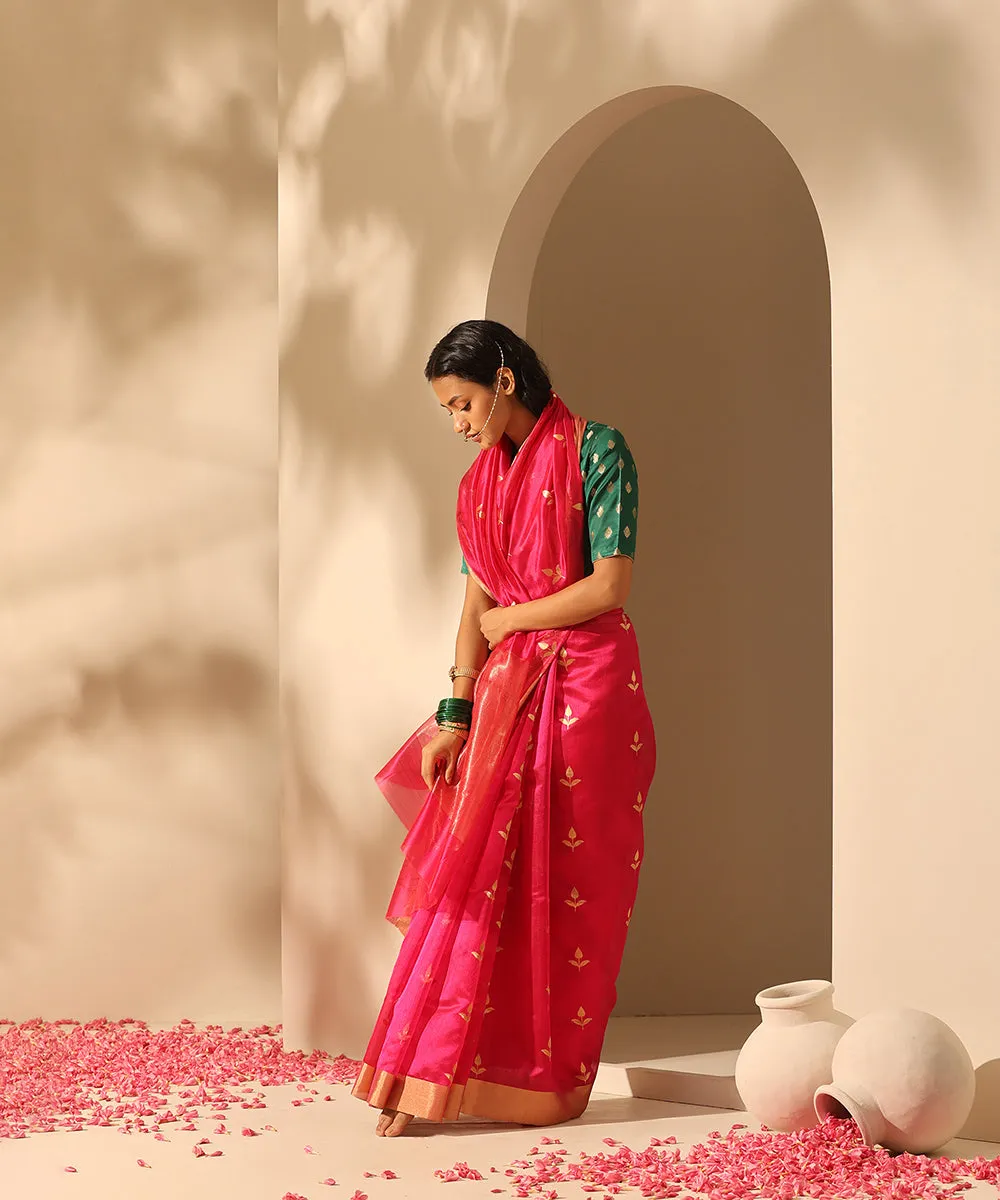 Handloom Hot Pink Pure Chanderi Silk Saree With All Over Three Leaf Golden Booti