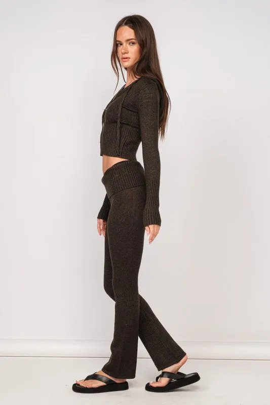 Hoodie Sweater Top With High Waist Pant Set