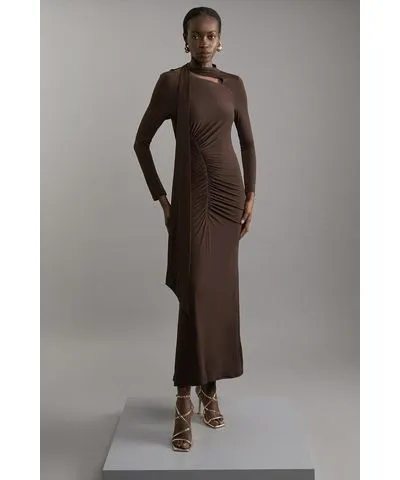 Karen Millen Jersey Crepe Ruched Tie Long Sleeve Maxi Dress