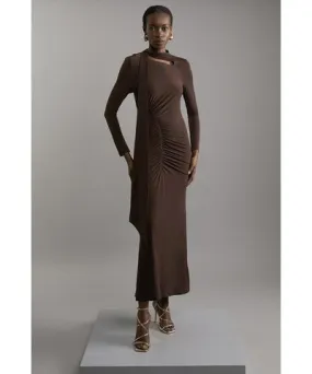 Karen Millen Jersey Crepe Ruched Tie Long Sleeve Maxi Dress