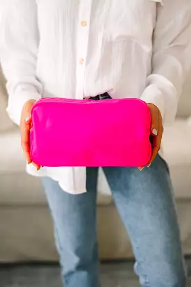 Let's Get Going Hot Pink Varsity Cosmetic Bag, Large