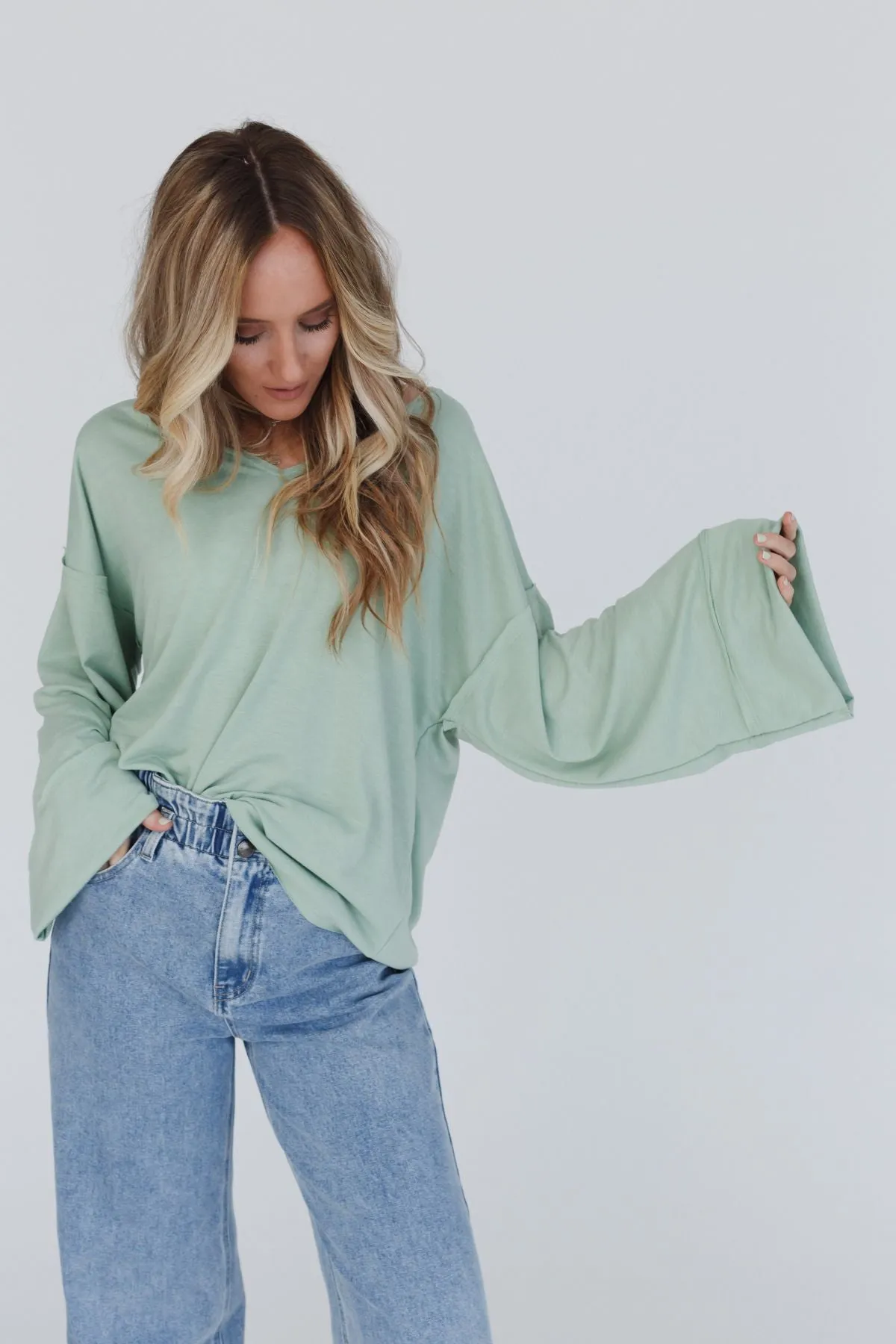 Love It V Neckline Sweater Top - Light Sage