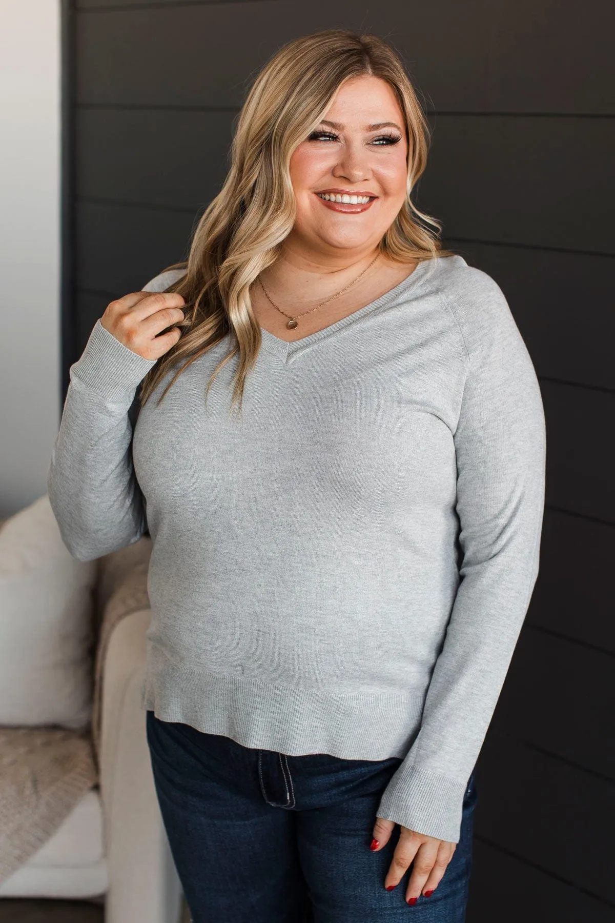 Madly In Love V-Neck Sweater- Heather Grey