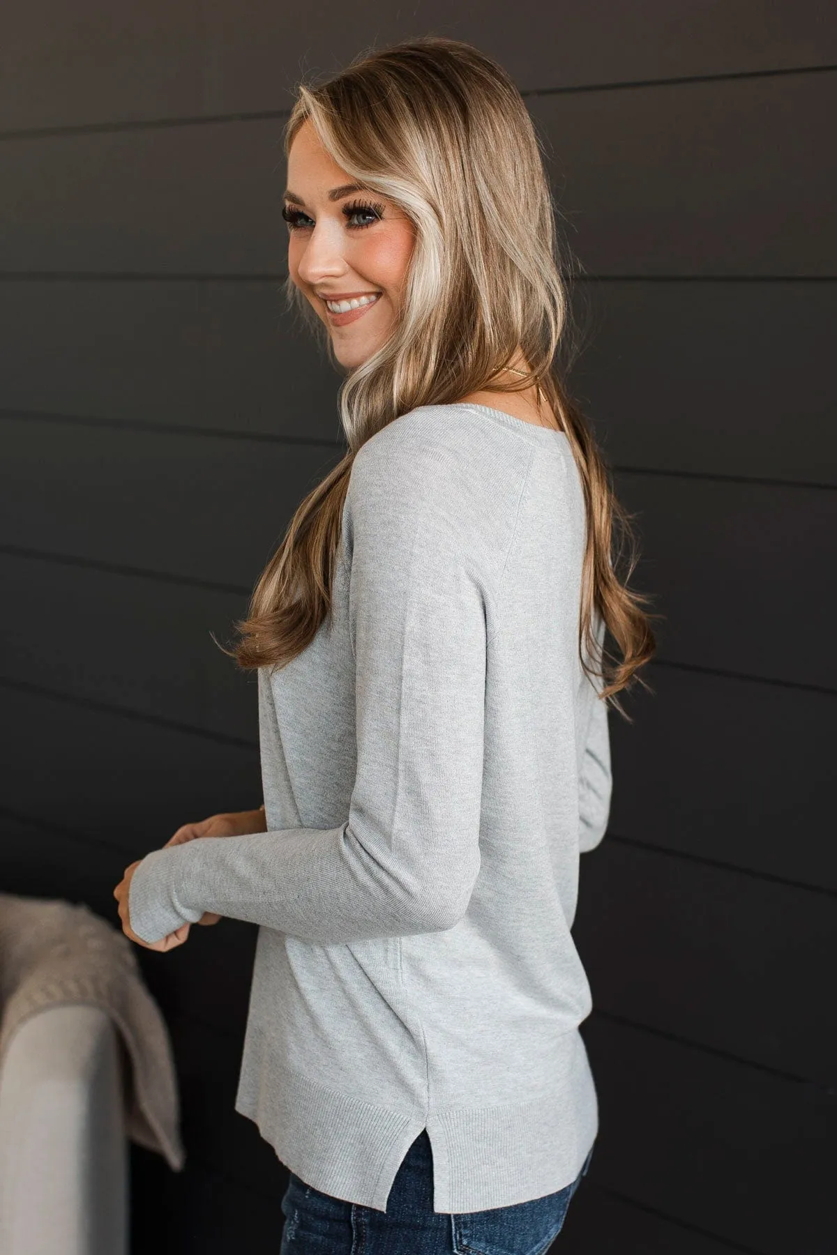 Madly In Love V-Neck Sweater- Heather Grey