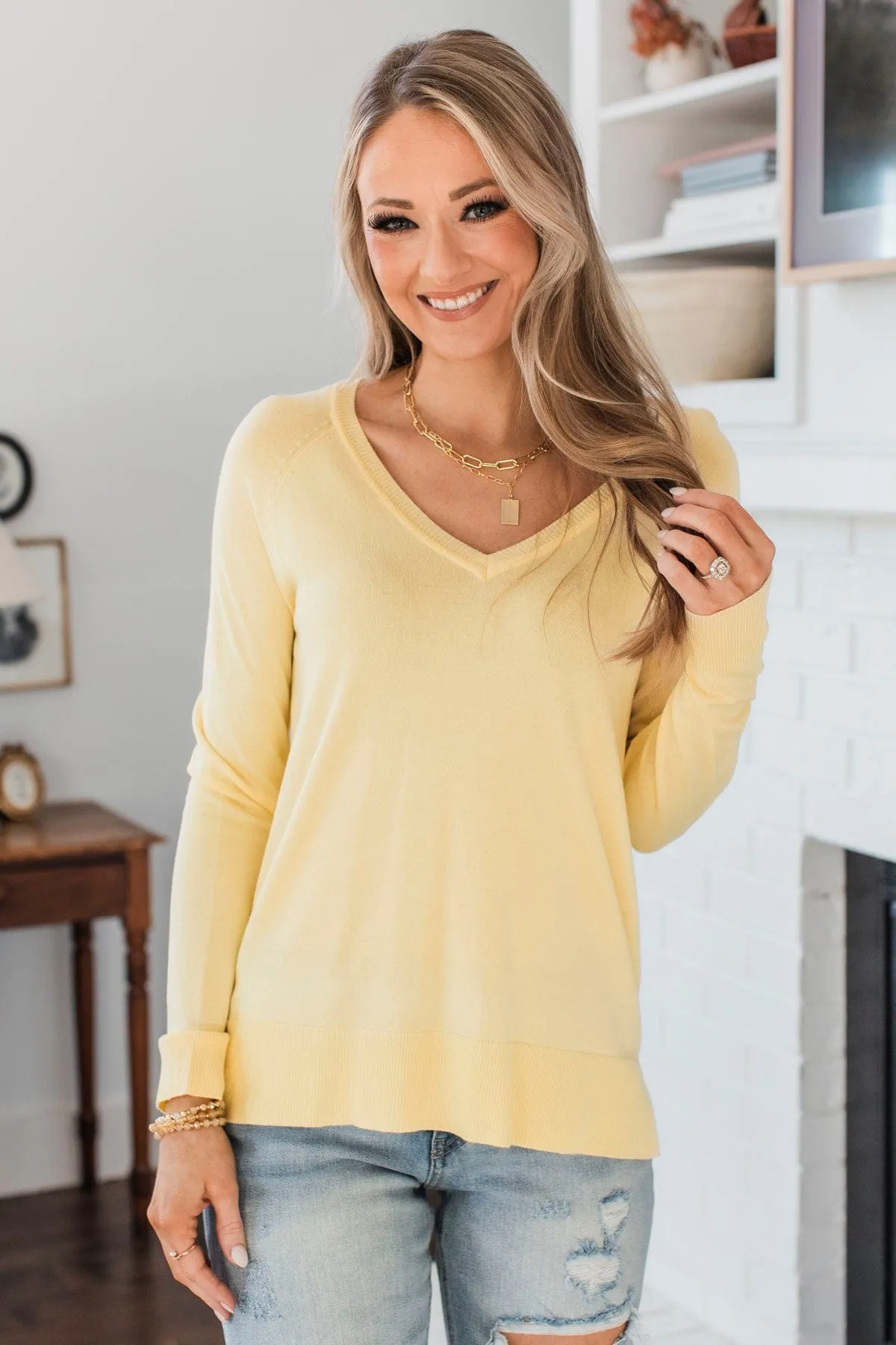 Madly In Love V-Neck Sweater- Light Yellow