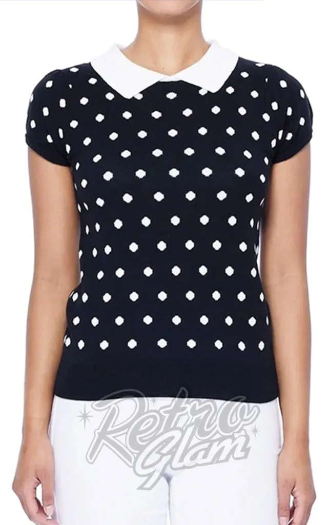 Mak Black and White Polka Dot Collared Sweater