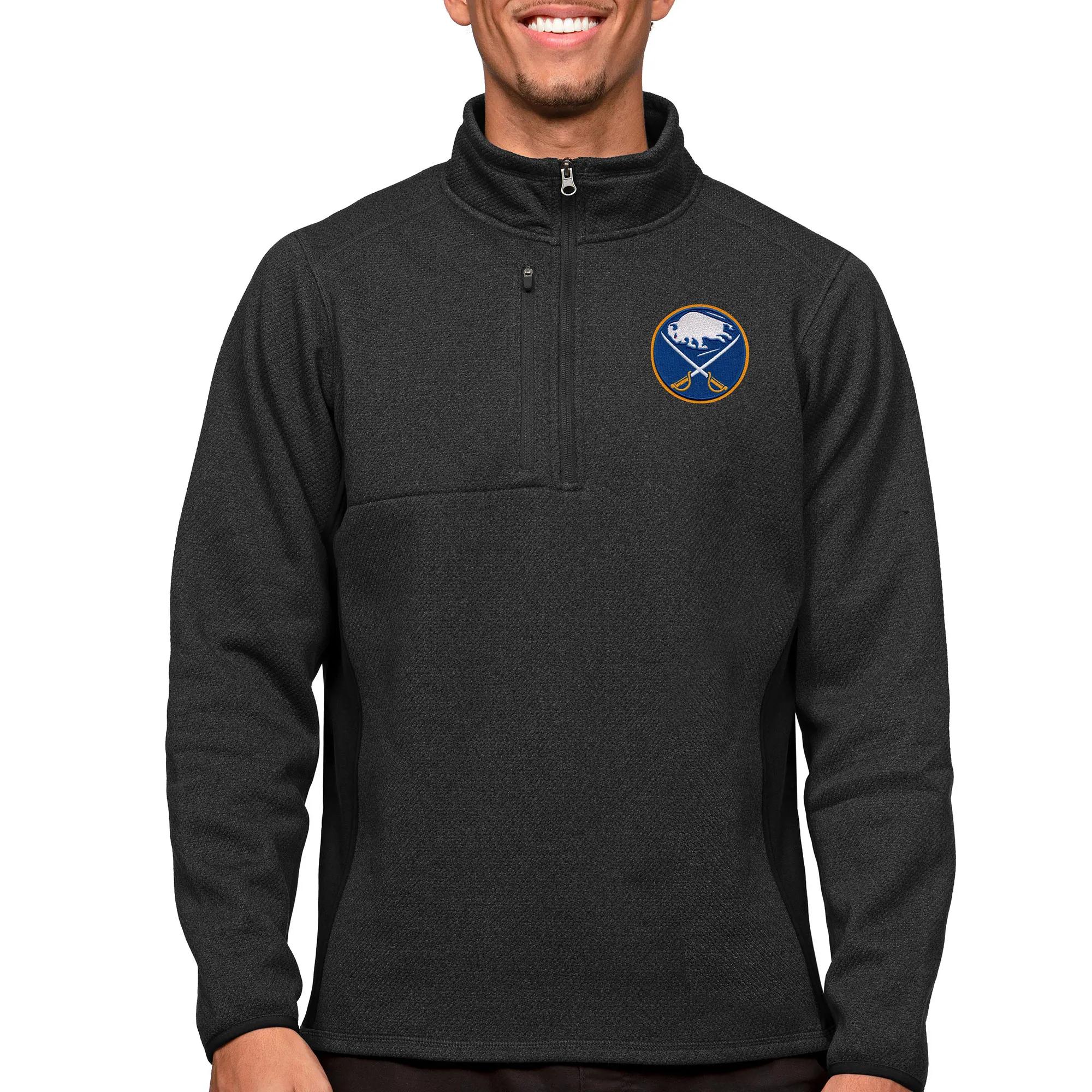 Men's Buffalo Sabres Antigua Heather Black Course Quarter-Zip Pullover Top