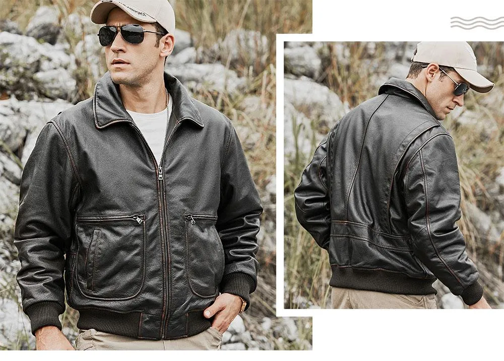 Men's Genuine Cowhide Leather Winter Warm Air Force Bomber Jacket