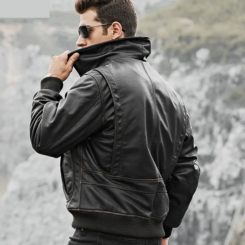 Men's Genuine Cowhide Leather Winter Warm Air Force Bomber Jacket