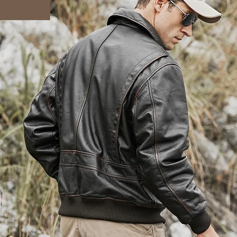 Men's Genuine Cowhide Leather Winter Warm Air Force Bomber Jacket