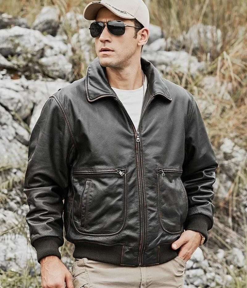 Men's Genuine Cowhide Leather Winter Warm Air Force Bomber Jacket