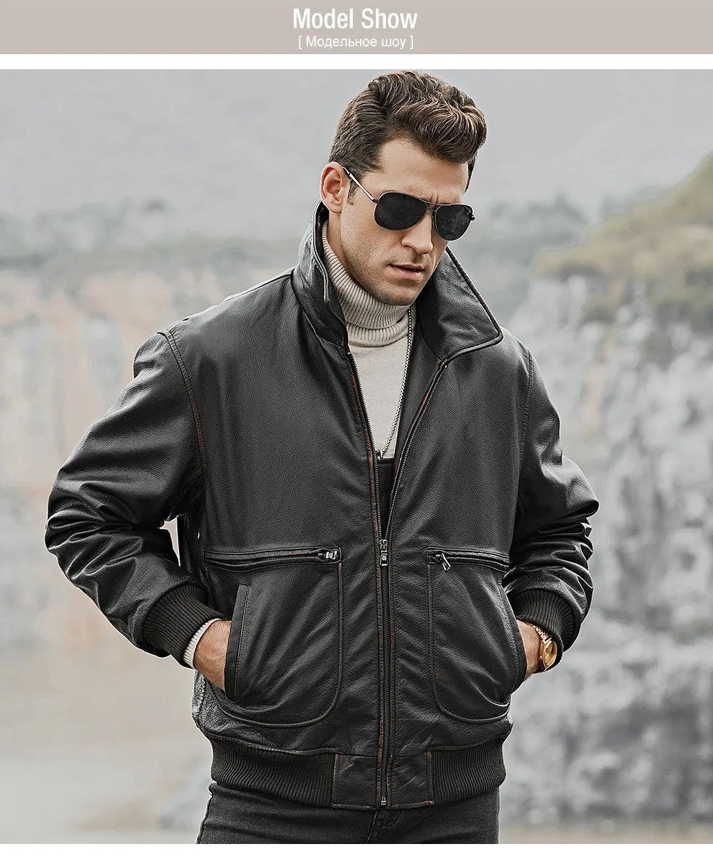 Men's Genuine Cowhide Leather Winter Warm Air Force Bomber Jacket