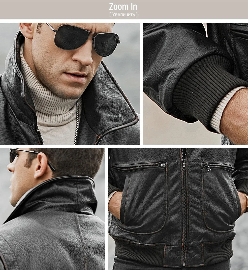 Men's Genuine Cowhide Leather Winter Warm Air Force Bomber Jacket