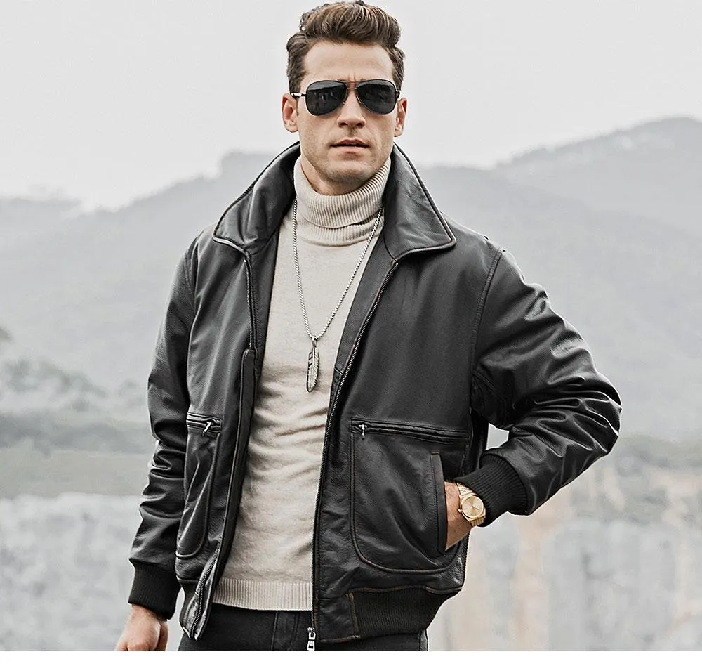 Men's Genuine Cowhide Leather Winter Warm Air Force Bomber Jacket