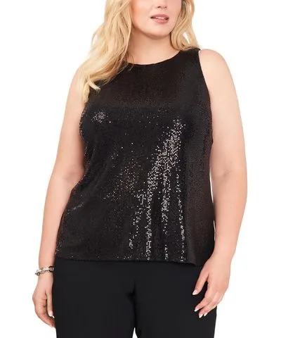 MSK Plus Womens Sequined Round Neck Pullover Top