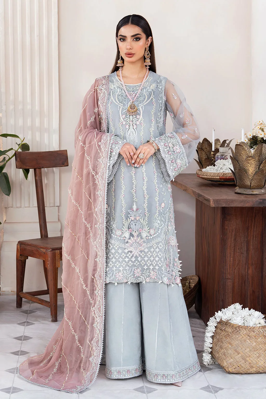 Nazneen by Avyana Embroidered Net Unstitched 4Pc Suit - Mahtaab