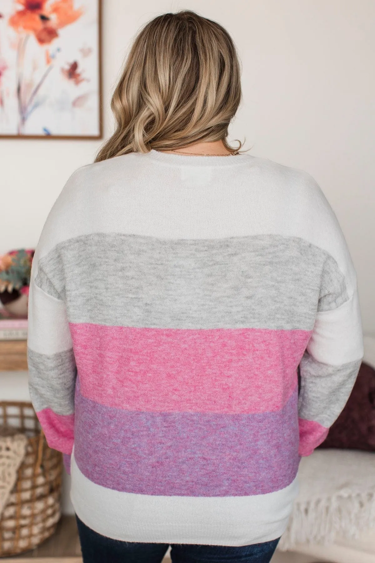 Only For Today Color Block Sweater- Grey & Pink