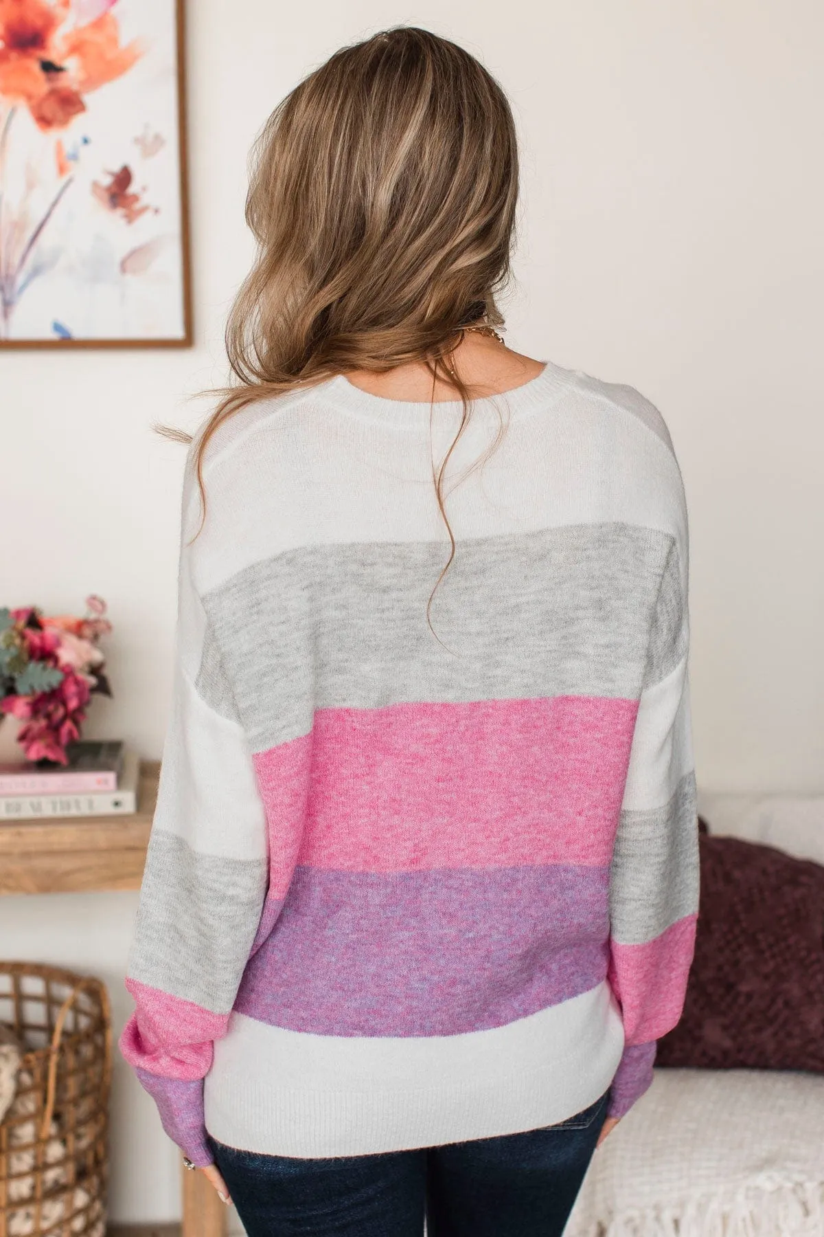 Only For Today Color Block Sweater- Grey & Pink