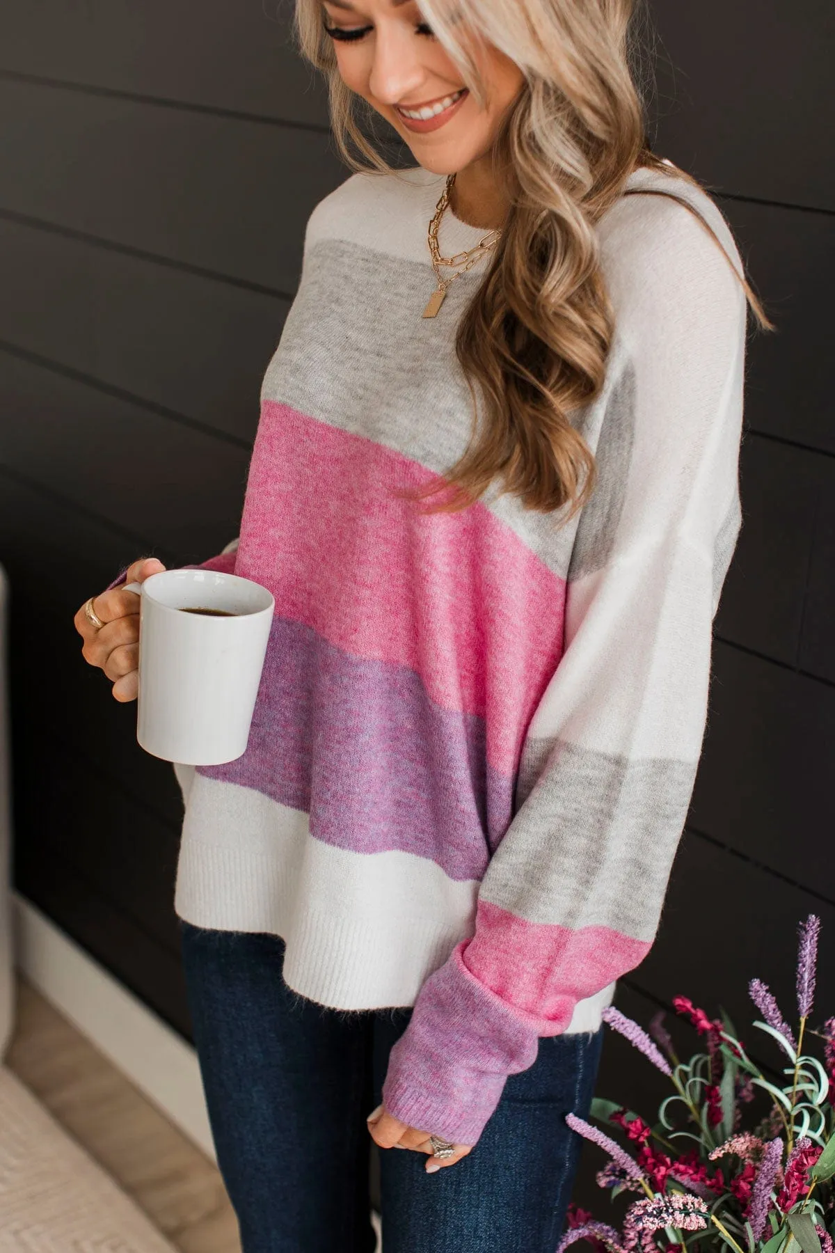 Only For Today Color Block Sweater- Grey & Pink