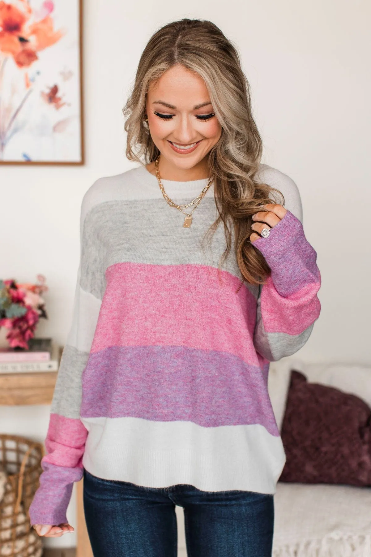 Only For Today Color Block Sweater- Grey & Pink