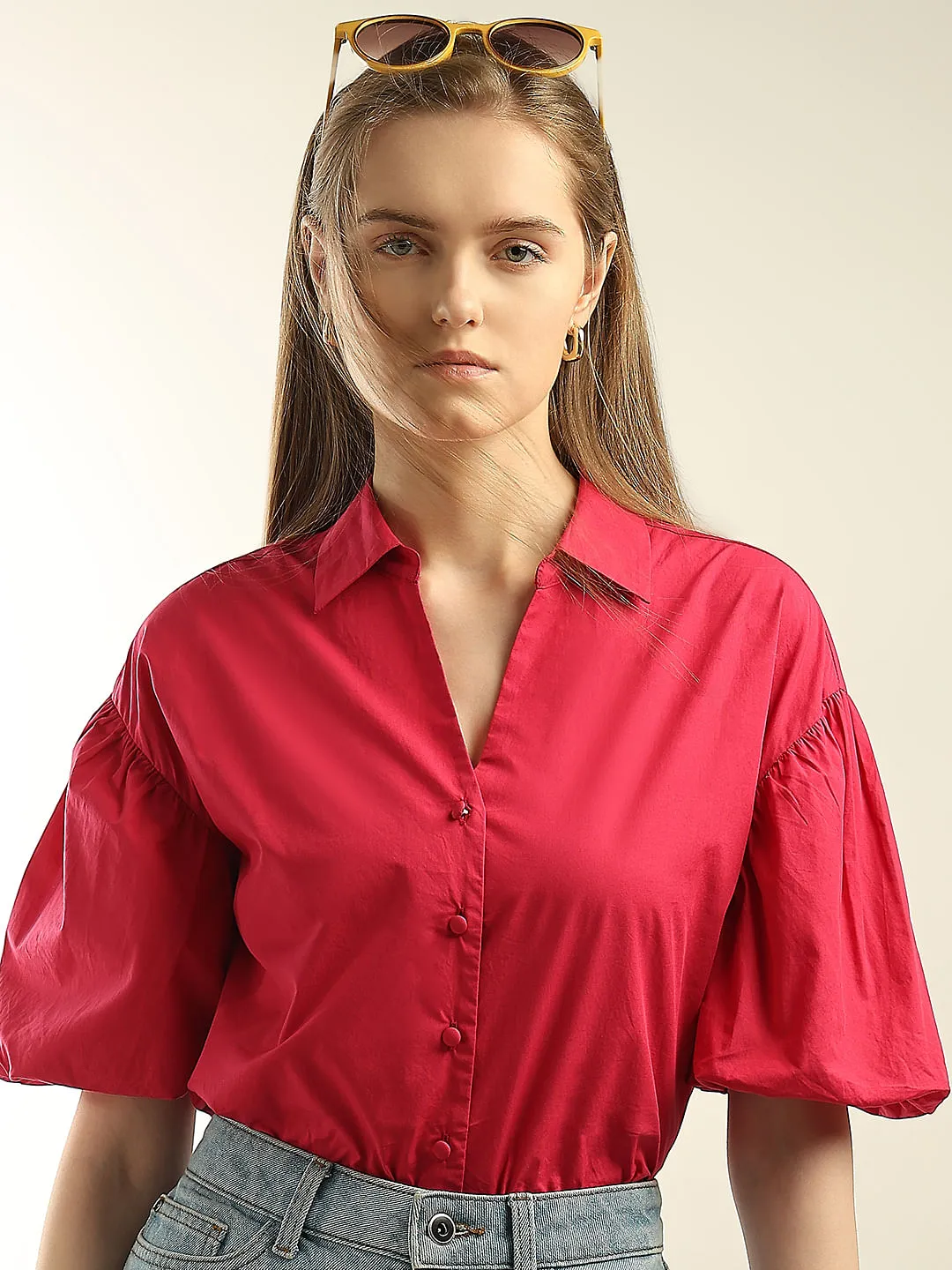 Red Puff Sleeves Cotton Shirt