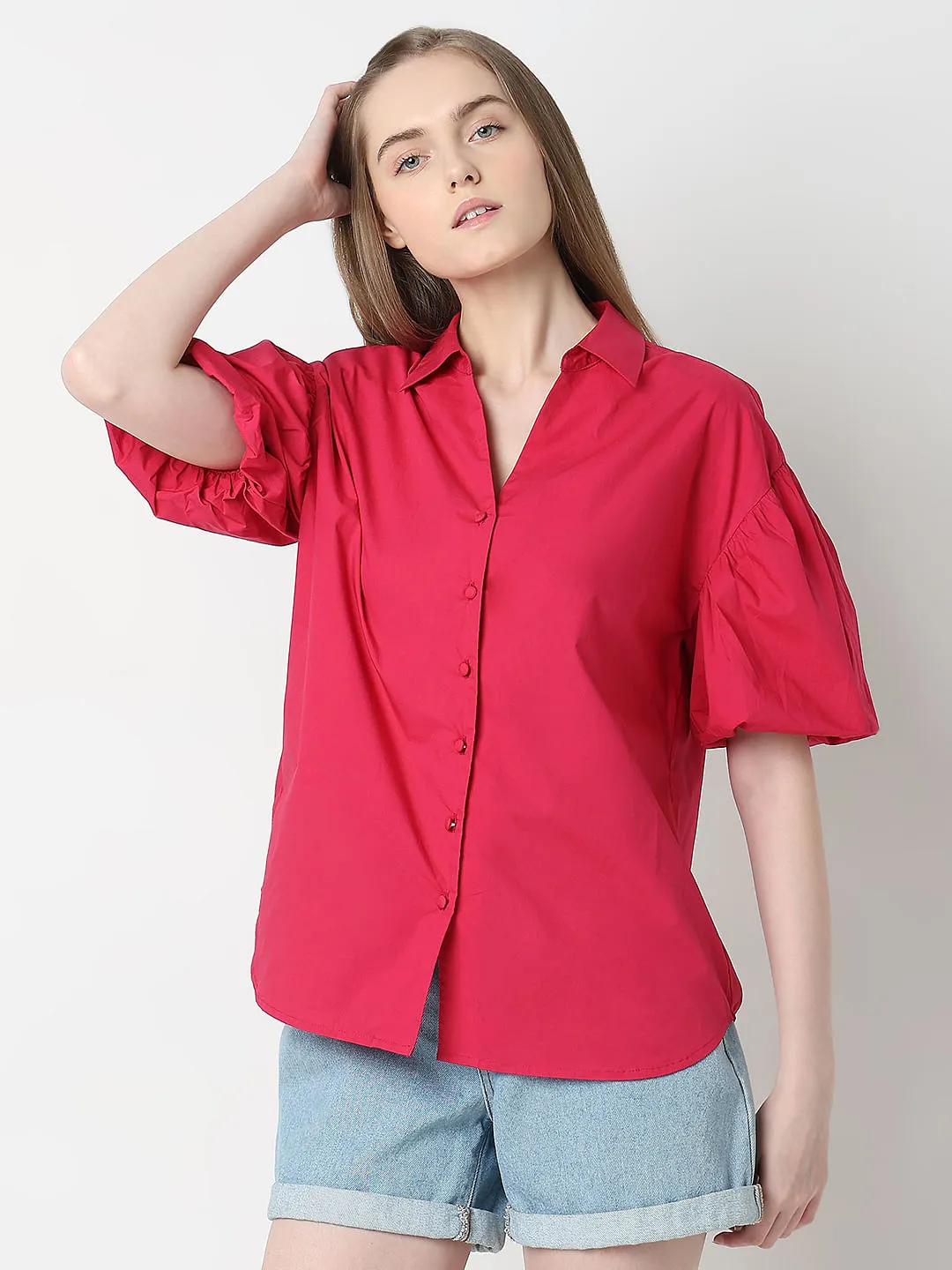 Red Puff Sleeves Cotton Shirt