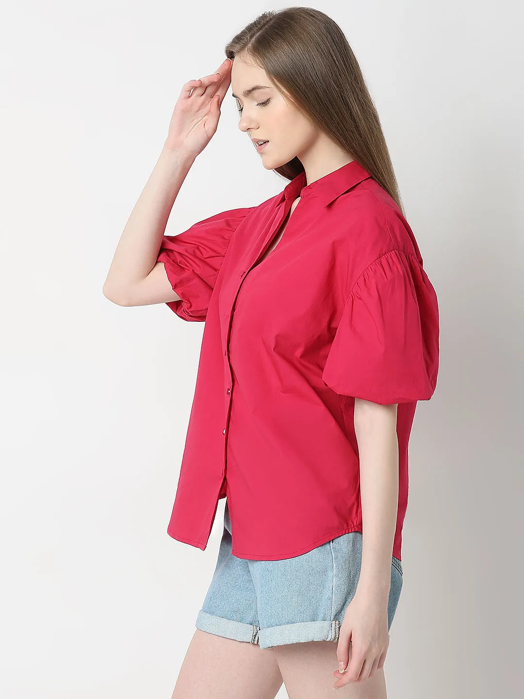 Red Puff Sleeves Cotton Shirt