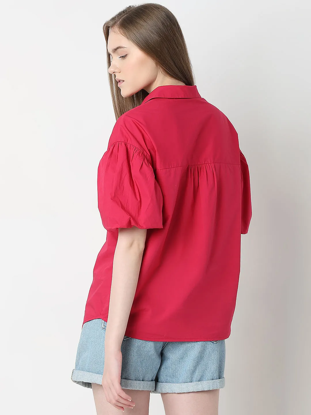 Red Puff Sleeves Cotton Shirt