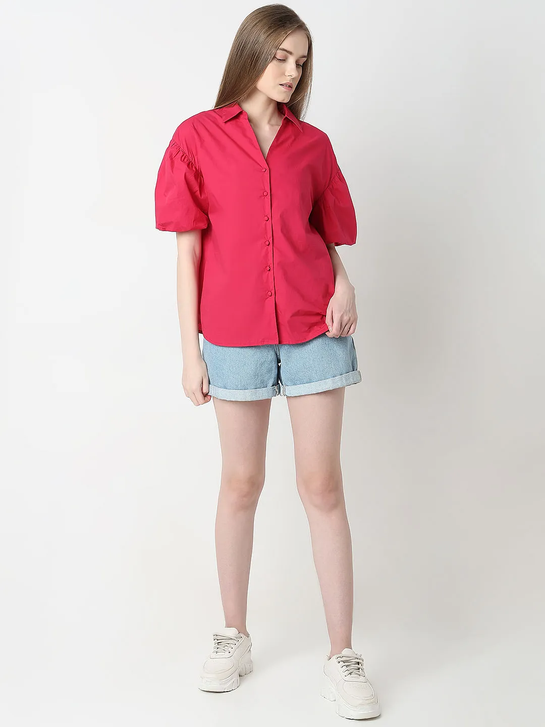 Red Puff Sleeves Cotton Shirt