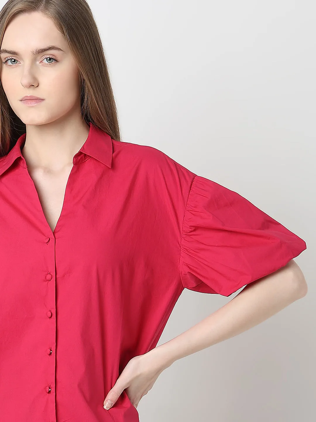 Red Puff Sleeves Cotton Shirt