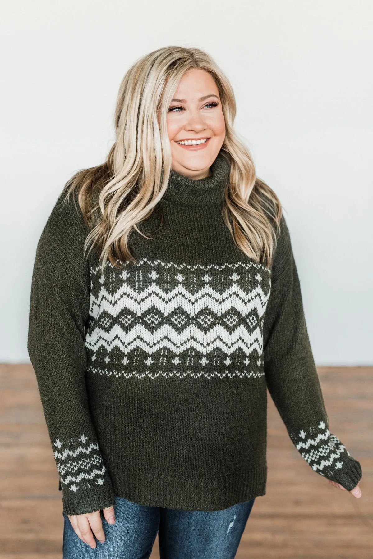 Snowflake Smiles Knit Turtle Neck Sweater- Army Green