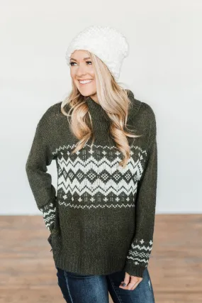 Snowflake Smiles Knit Turtle Neck Sweater- Army Green